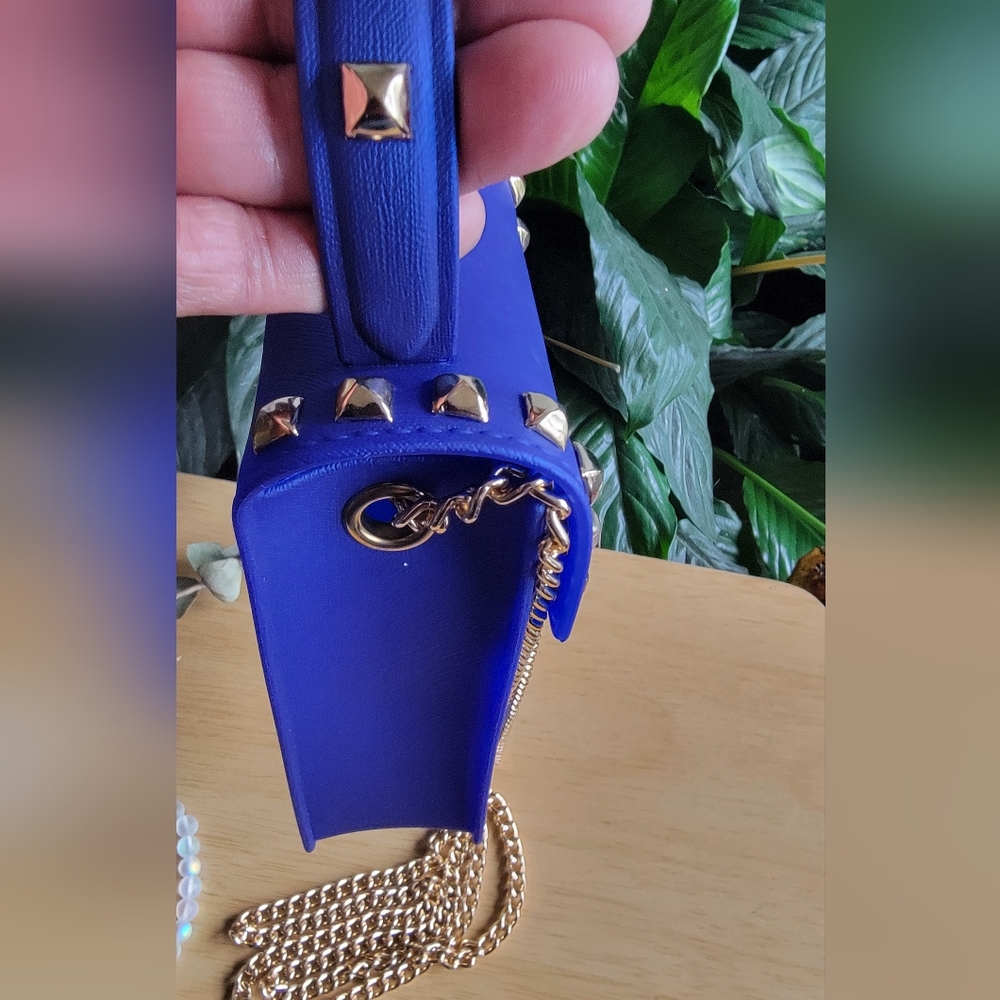 LA MIEL True Blue and Gold Studded Crossbody Bag & Rainbow Moonstone Bracelet. - Picture 6 of 12
